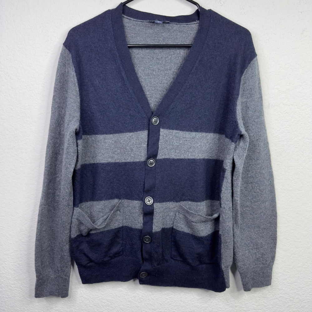 Gap Cardigan Sweater Mens XL Blue Striped Knit Merino Wool Button Preppy Grandpa